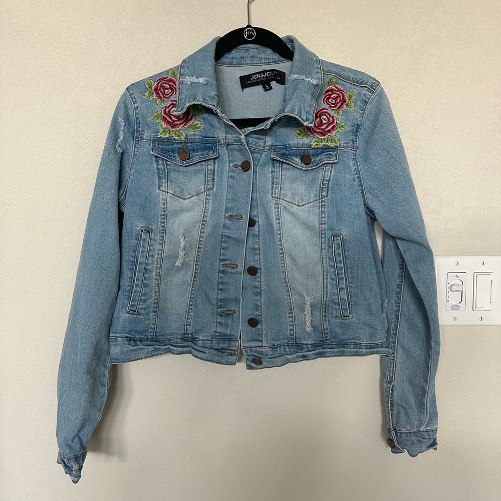 Light Blue Denim Jacket with Rose Embroidery